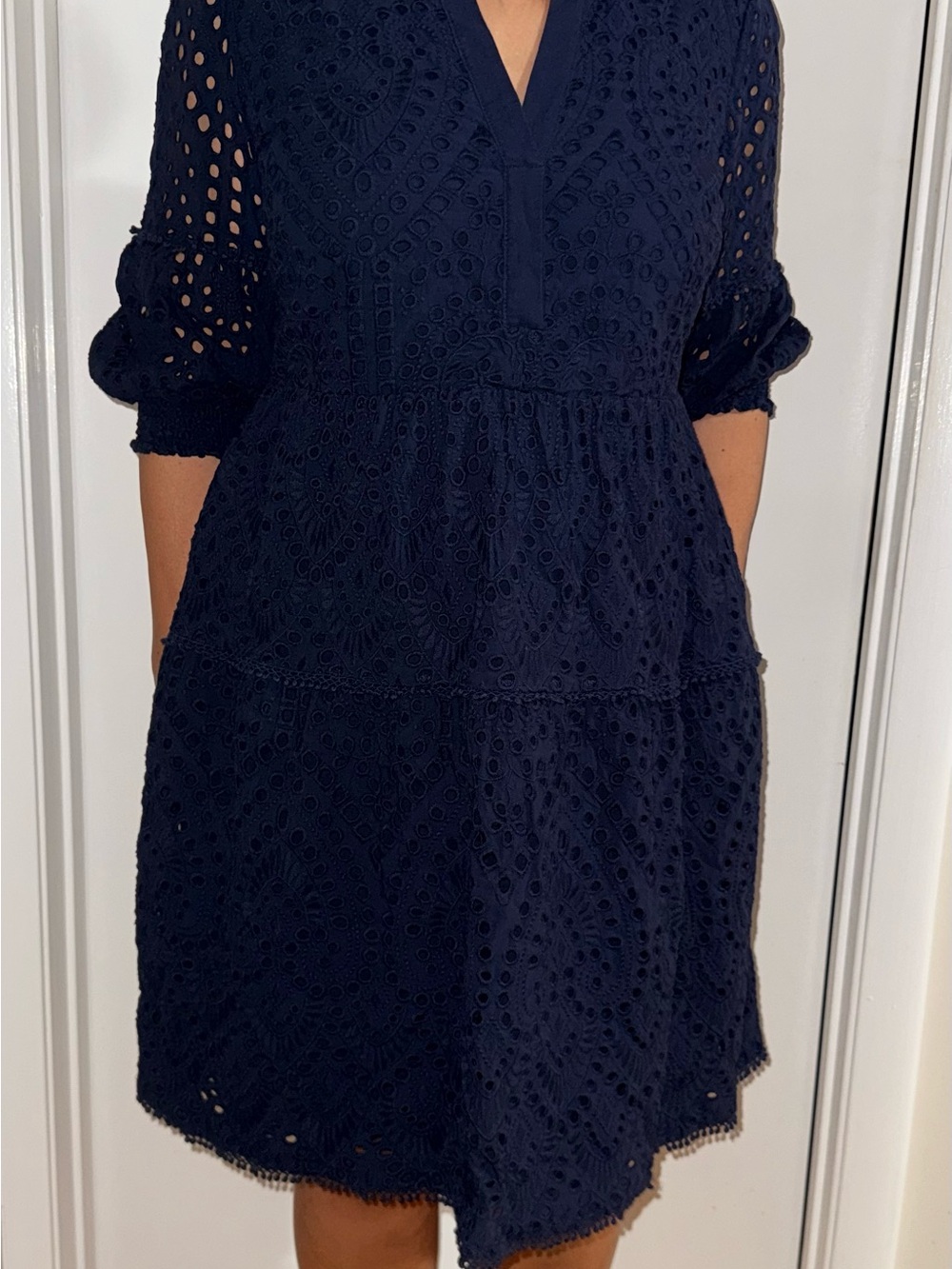 Chico's Navy Eyelet Tiered Mini Dress